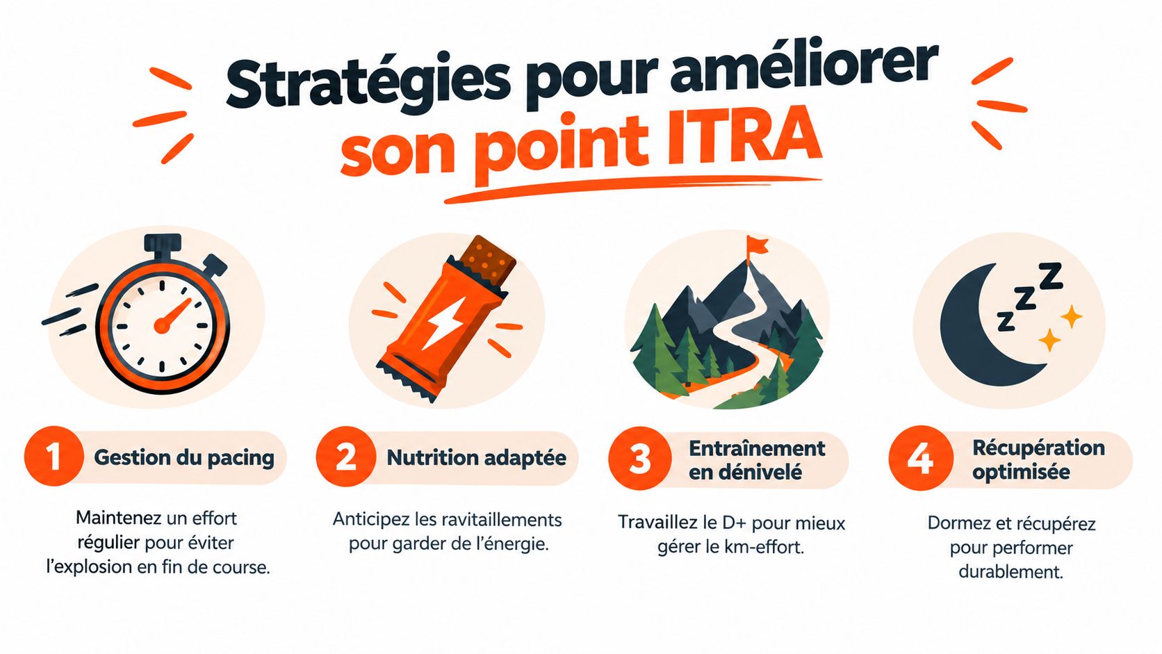 Infographie illustrant quatre conseils clés pour améliorer son score ITRA en course de trail running.