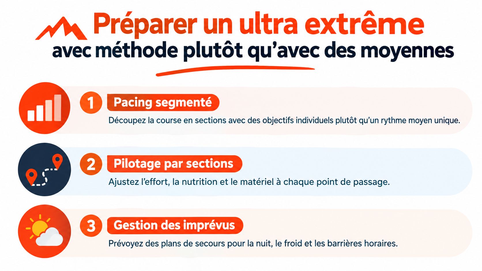Infographie illustrant trois méthodes stratégiques pour bien préparer une course d'ultra-trail extrême avec succès.