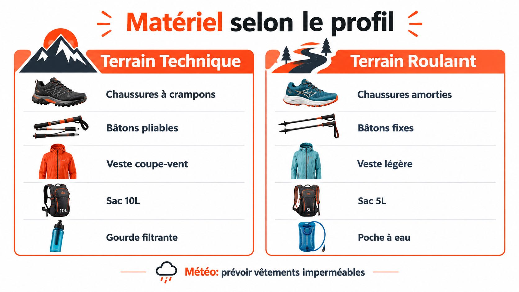 Infographie comparant le matériel de trail nécessaire pour un terrain technique ou un terrain roulant.