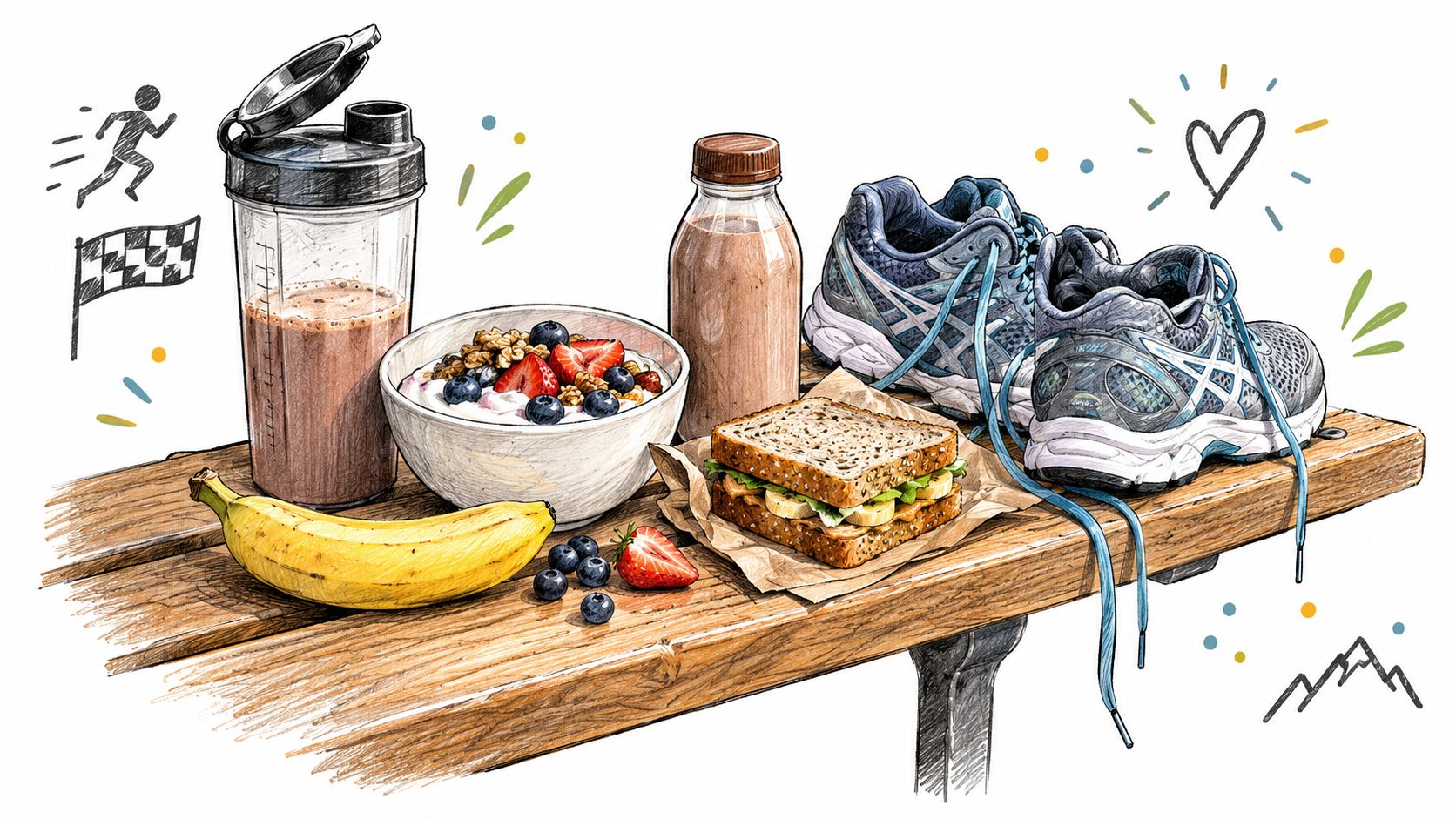 Ensemble d'aliments sains et chaussures de course posés sur un banc en bois pour le trail.