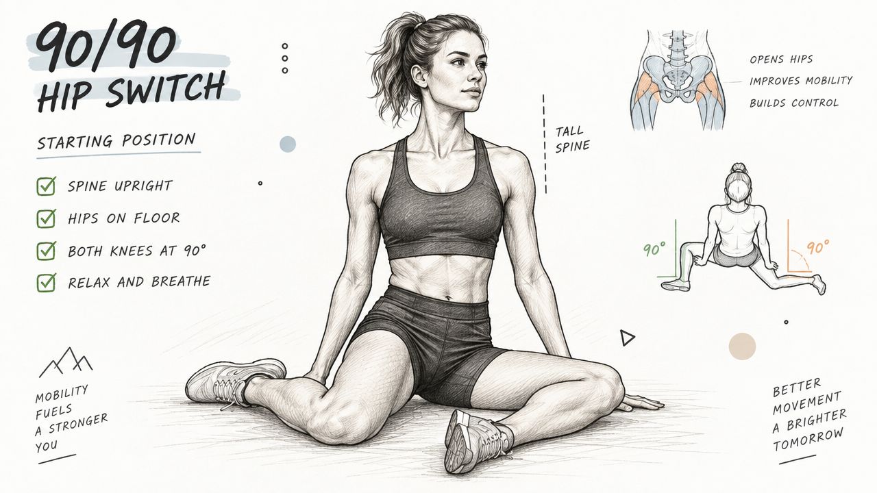 Une femme effectue l'exercice de mobilité 90/90 hip switch au sol pour améliorer la souplesse des hanches.