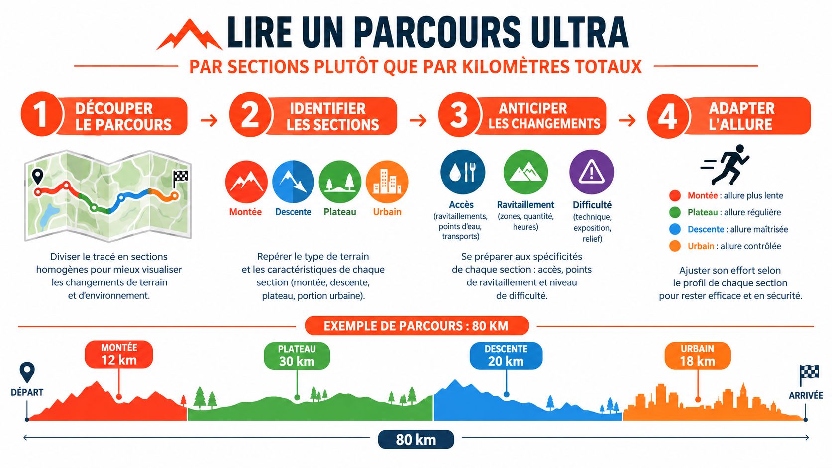 Infographie pédagogique illustrant les quatre étapes pour analyser efficacement un parcours de course ultra trail par sections.