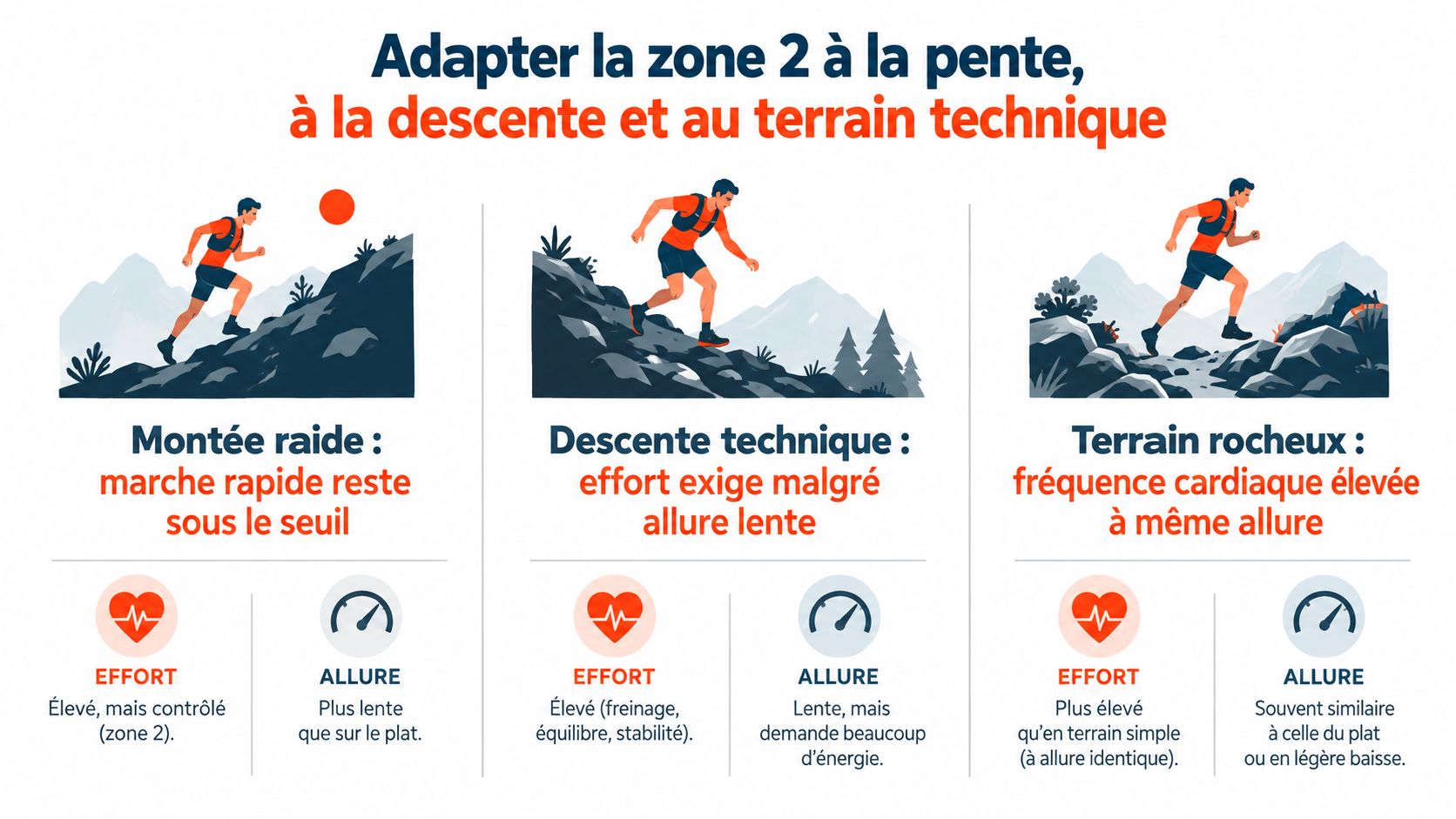 Illustration montrant comment adapter l'entraînement en zone 2 selon la montée, la descente et le terrain technique.