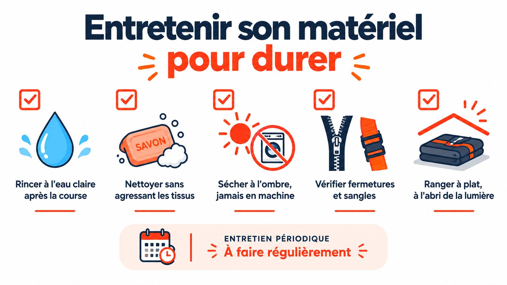 Infographie illustrant cinq conseils essentiels en français pour entretenir son matériel de course et le faire durer.