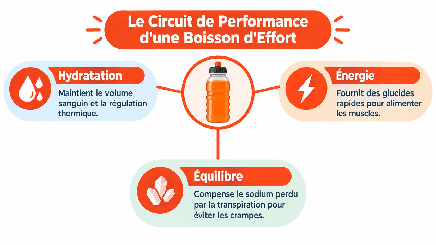 Infographie illustrant les trois rôles clés d'une boisson d'effort : hydratation, énergie et équilibre électrolytique pour les sportifs.