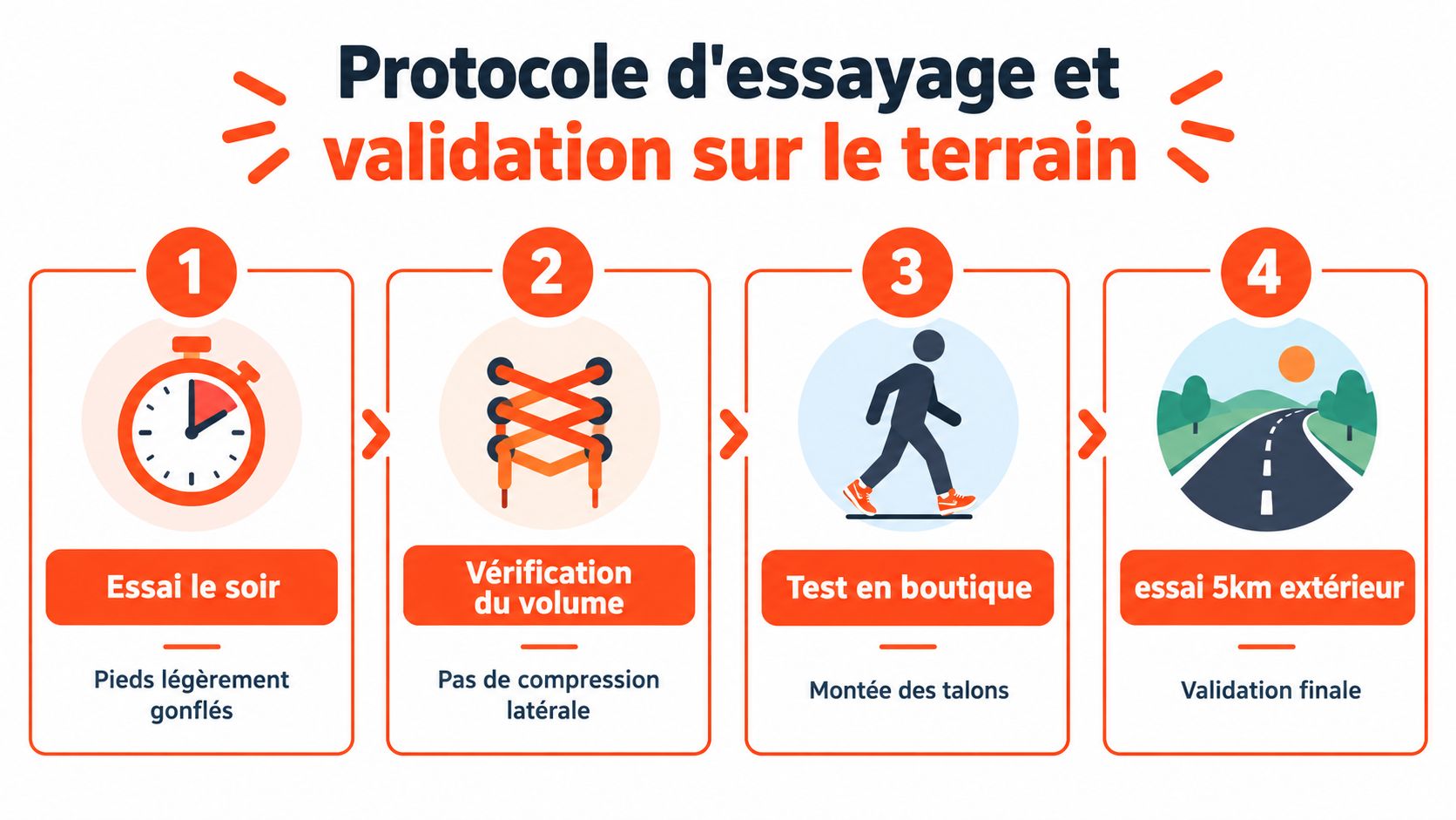 Protocole en quatre étapes pour essayer et valider des chaussures de running sur le terrain.