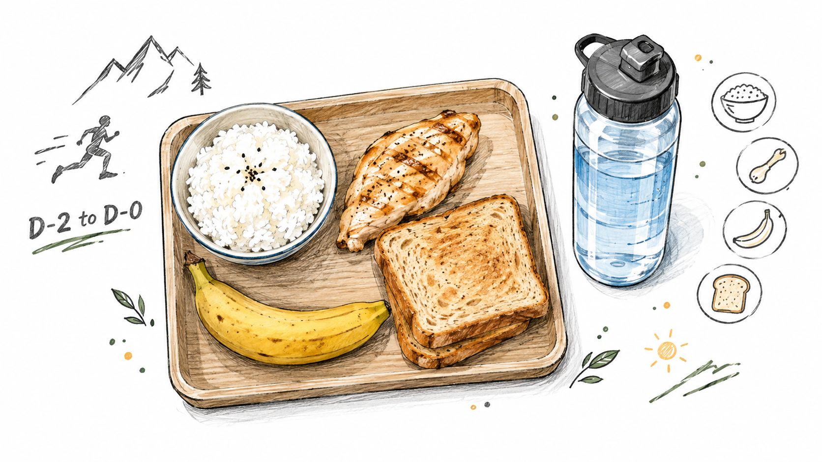 Un plateau en bois présentant un repas équilibré pour un coureur de trail avec riz, poulet et banane.