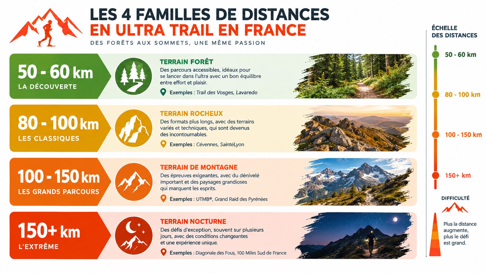 Infographie détaillant les quatre familles de distances en ultra trail en France, de la découverte à l'extrême.