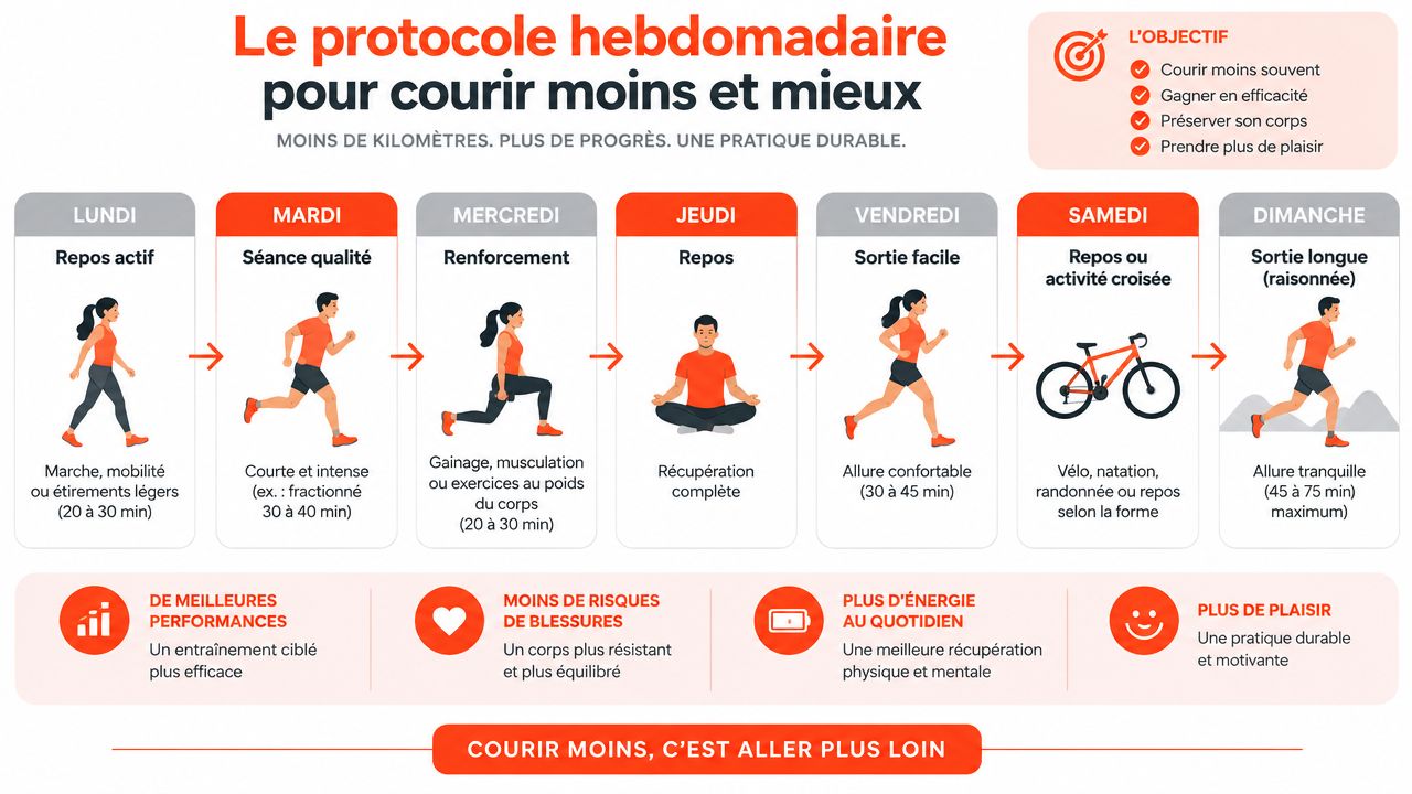Programme hebdomadaire d'entraînement pour courir moins souvent tout en améliorant ses performances et sa santé physique.
