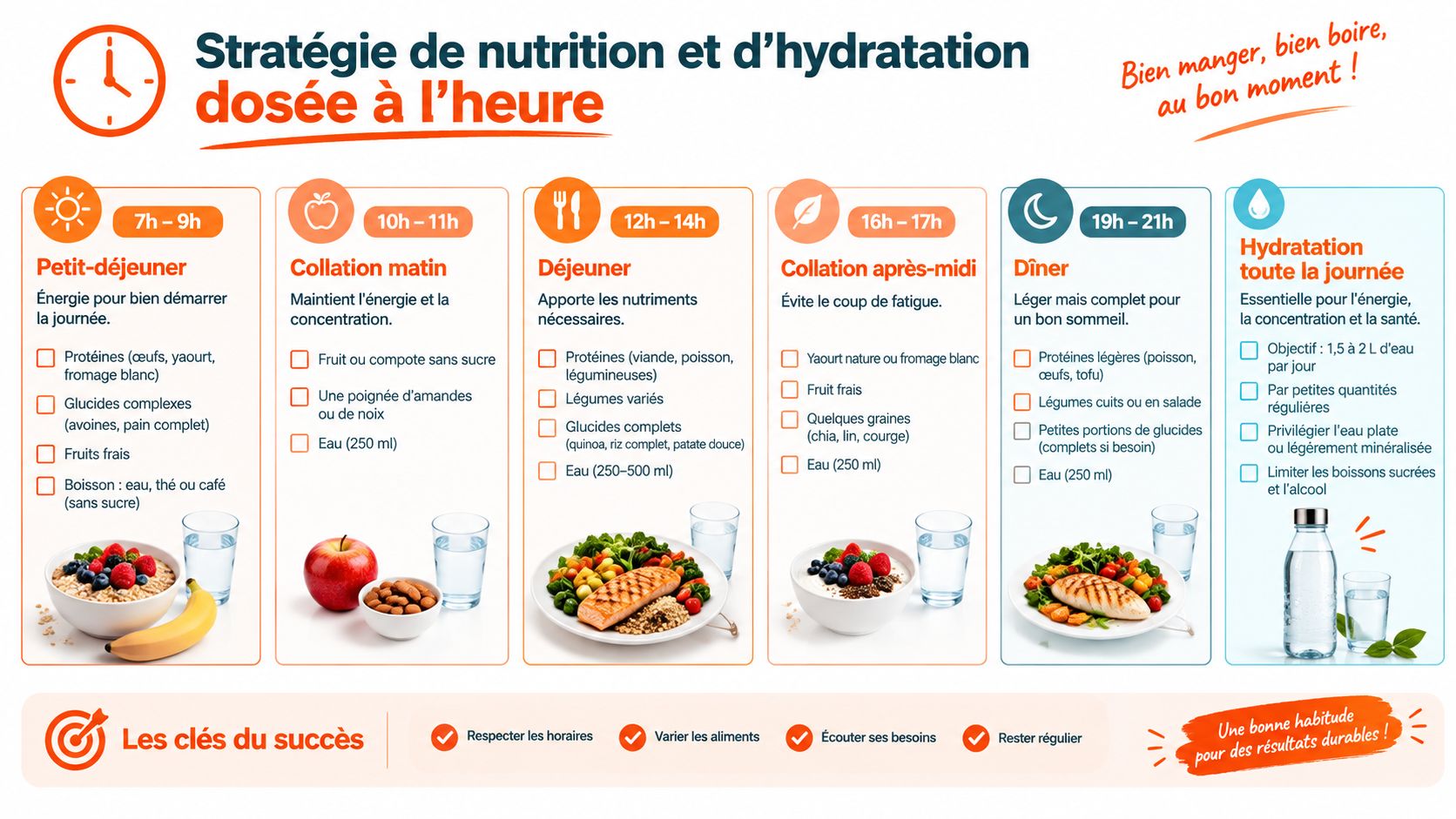 Infographie présentant une stratégie de nutrition et d'hydratation équilibrée, planifiée heure par heure pour la journée entière.