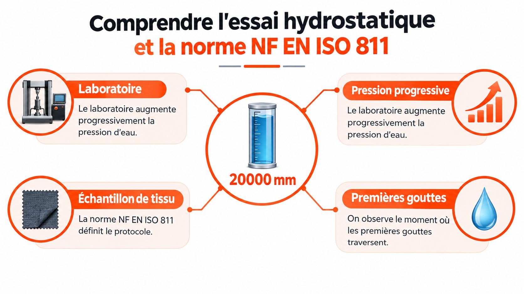 Infographie expliquant l'essai hydrostatique et la norme NF EN ISO 811 pour tester l'imperméabilité des tissus.