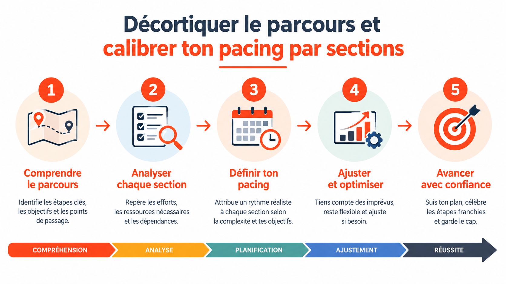 Infographie illustrant les cinq étapes pour décortiquer un parcours et calibrer son rythme par sections.