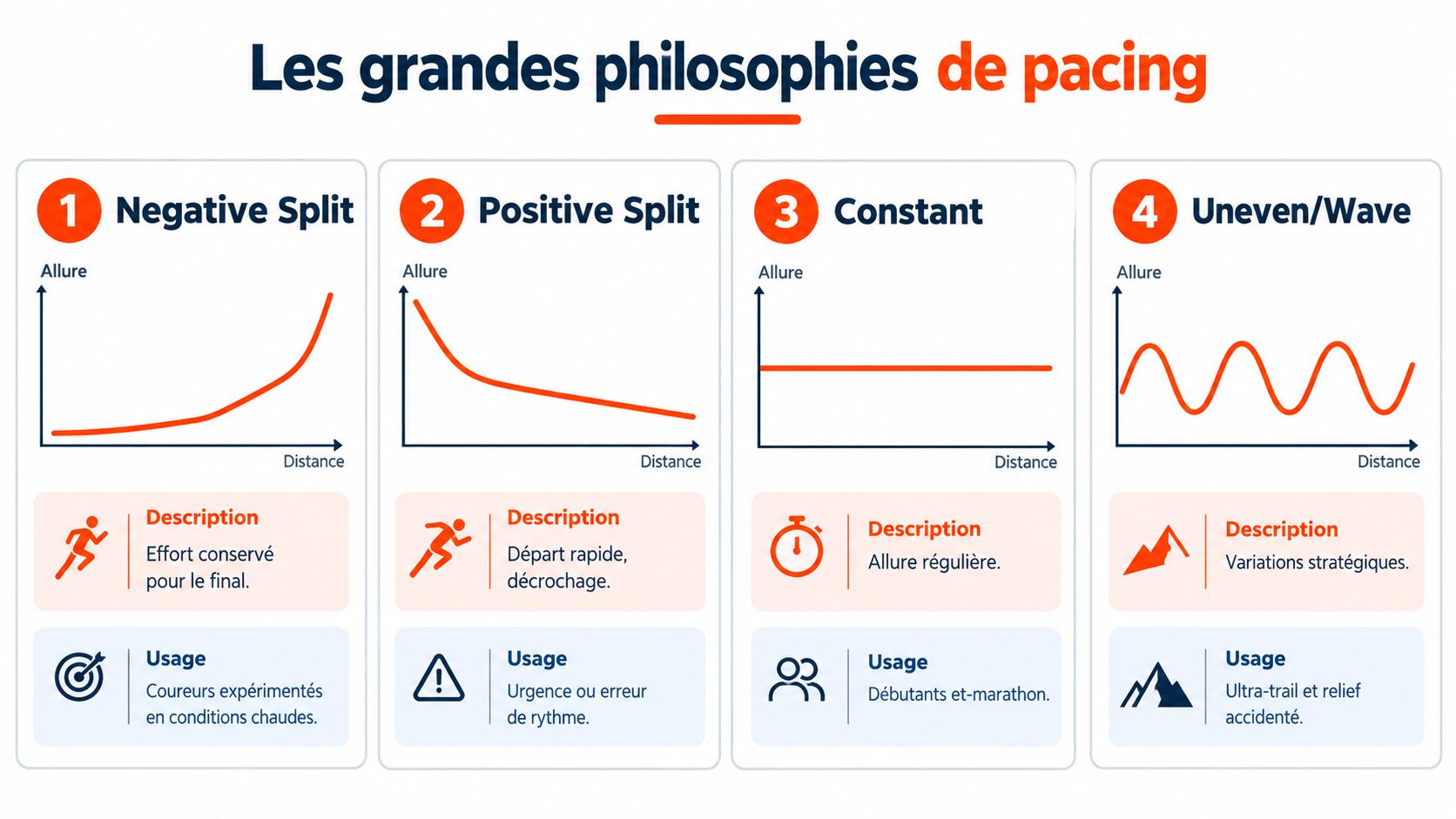 Une infographie comparant quatre stratégies de pacing différentes pour la course à pied en fonction de l'allure.