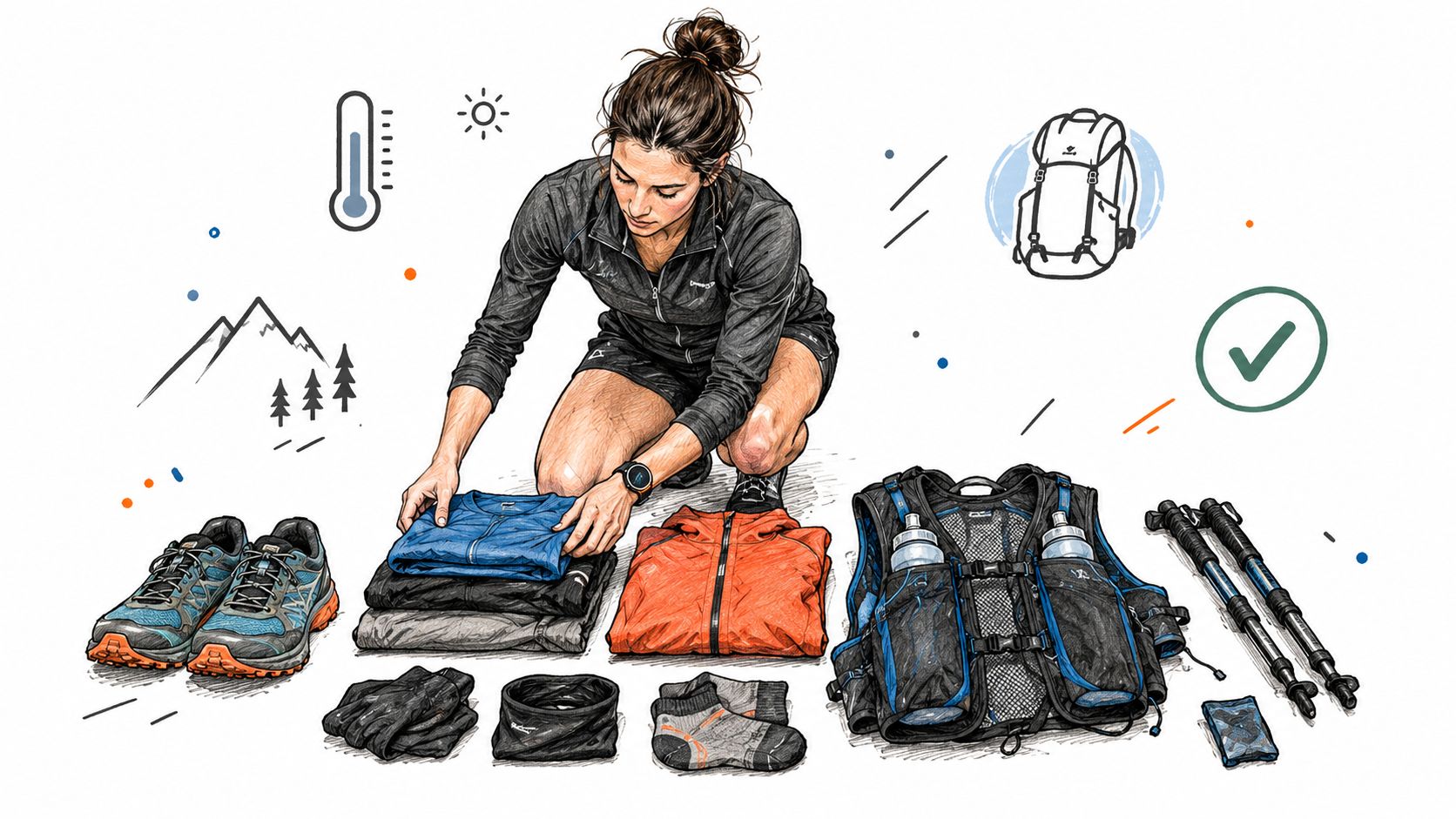 Une femme préparant son équipement de trail running avec des vêtements techniques, un sac d'hydratation et des bâtons.