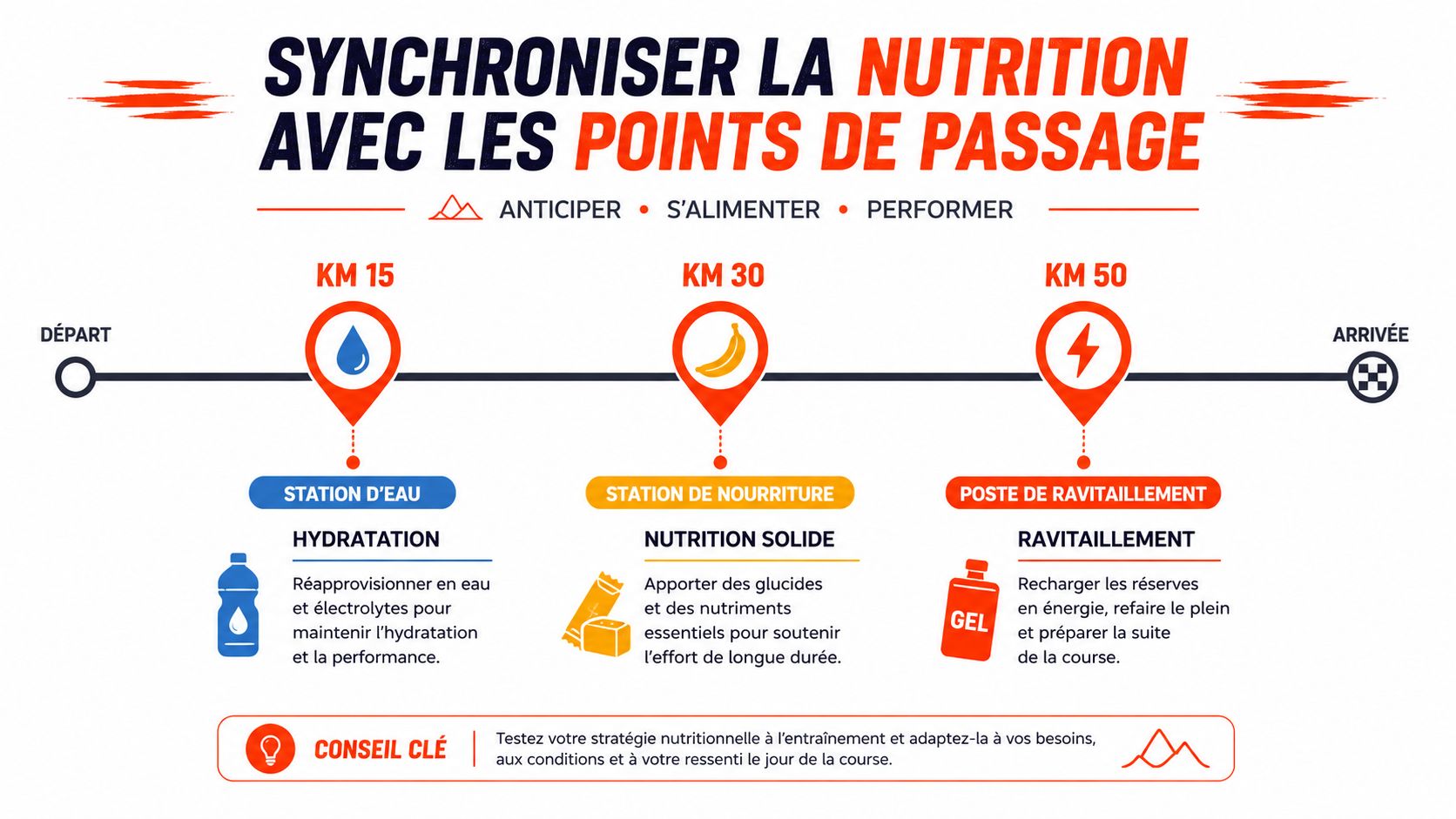 Infographie illustrant une stratégie de nutrition et d'hydratation pour la course à pied en ultra-trail par étapes.