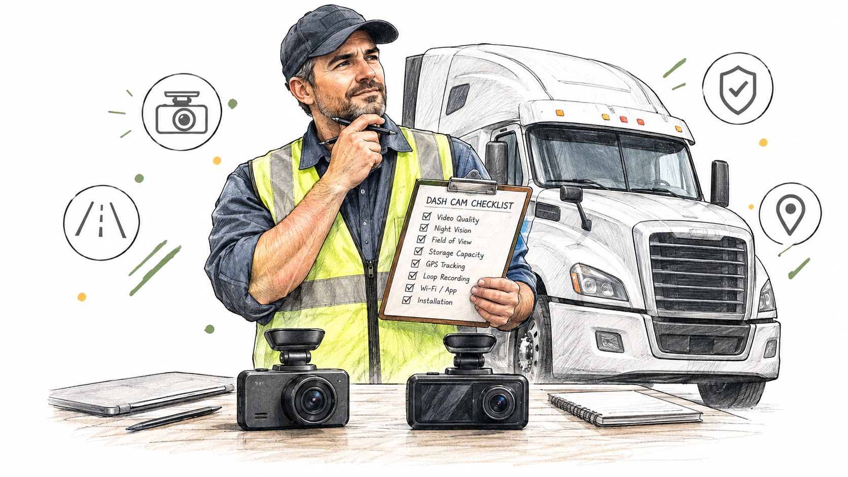 A truck driver holding a checklist evaluating professional dash cams for his semi-truck to improve safety.