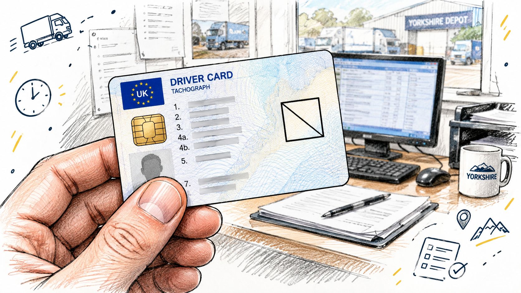 A hand holds a UK driver tachograph card in an office with a logistics theme.