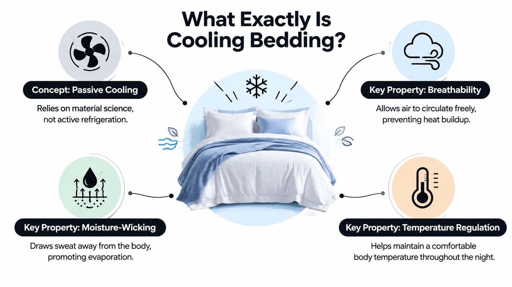 An infographic explaining the benefits of cooling bedding including moisture-wicking, breathability, and temperature regulation concepts.