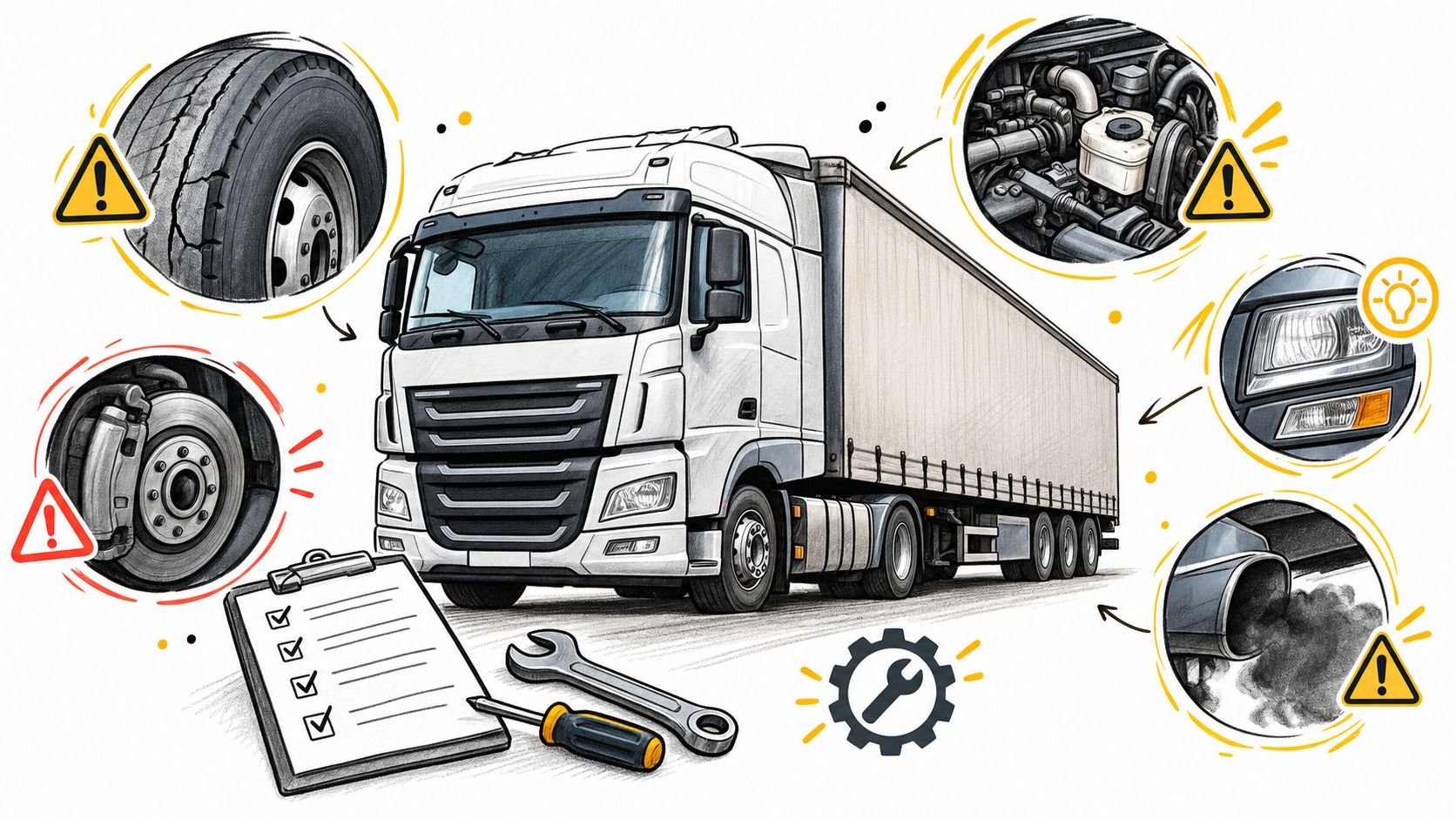 A detailed illustration of a semi truck surrounded by icons representing maintenance checks for tires, engine, brakes, and exhaust.