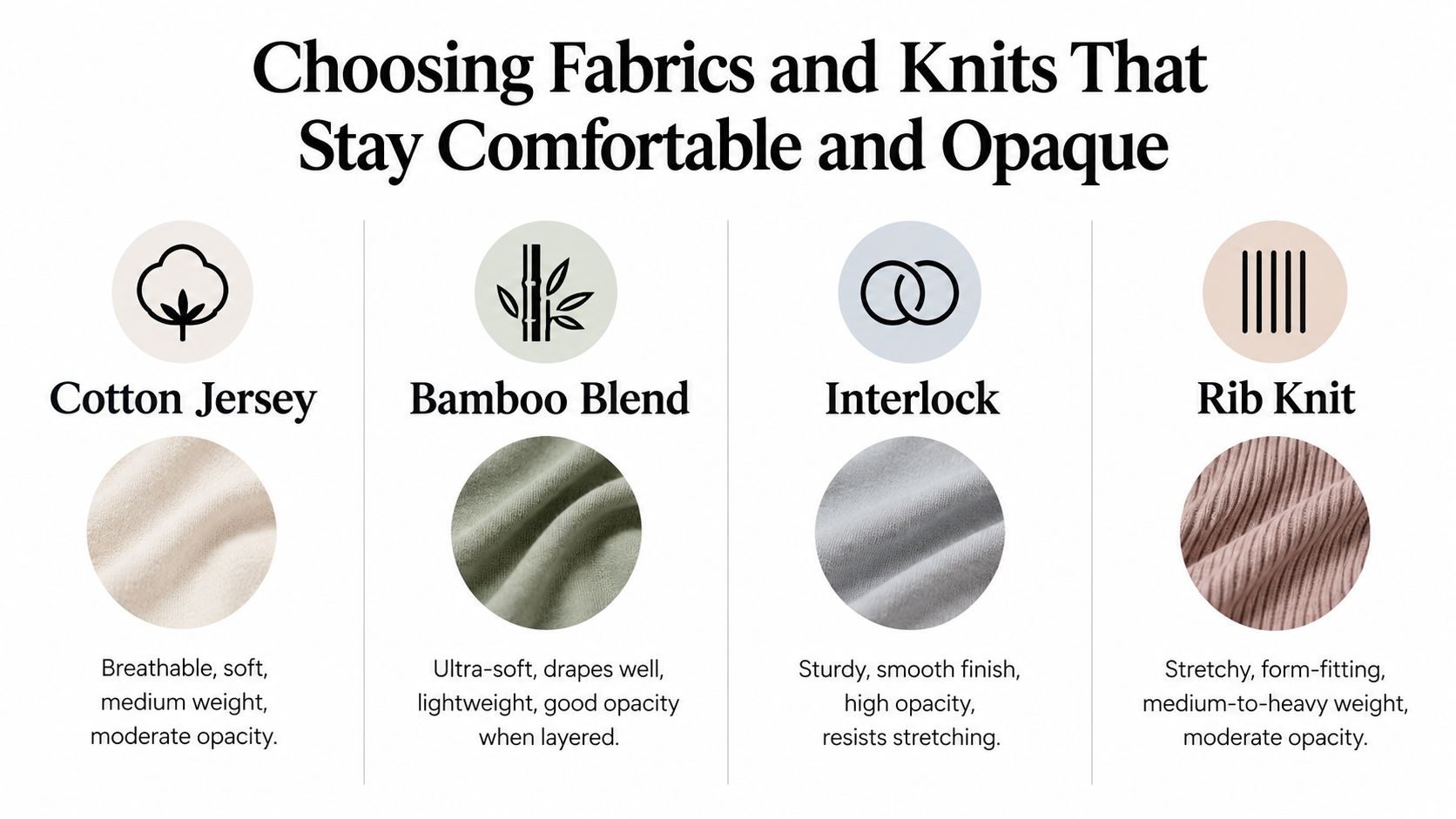 A guide listing four fabric types for long sleeve white tops: Cotton Jersey, Bamboo Blend, Interlock, and Rib Knit.