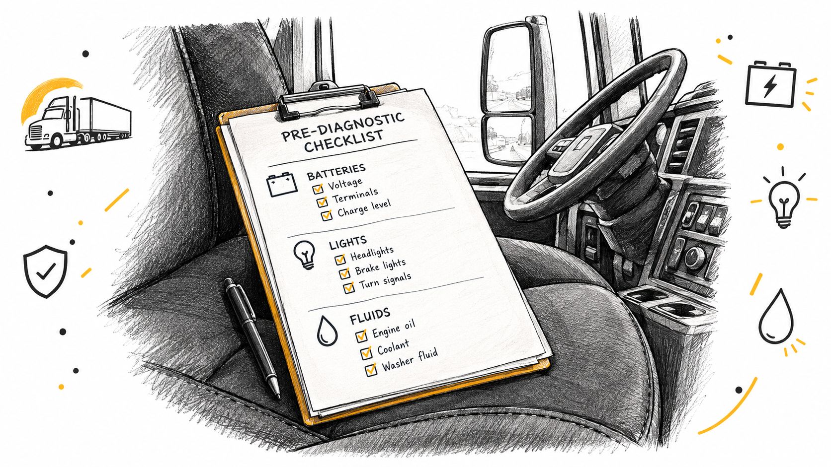A clipboard featuring a pre-diagnostic checklist for truck maintenance rests on a semi-truck driver seat.