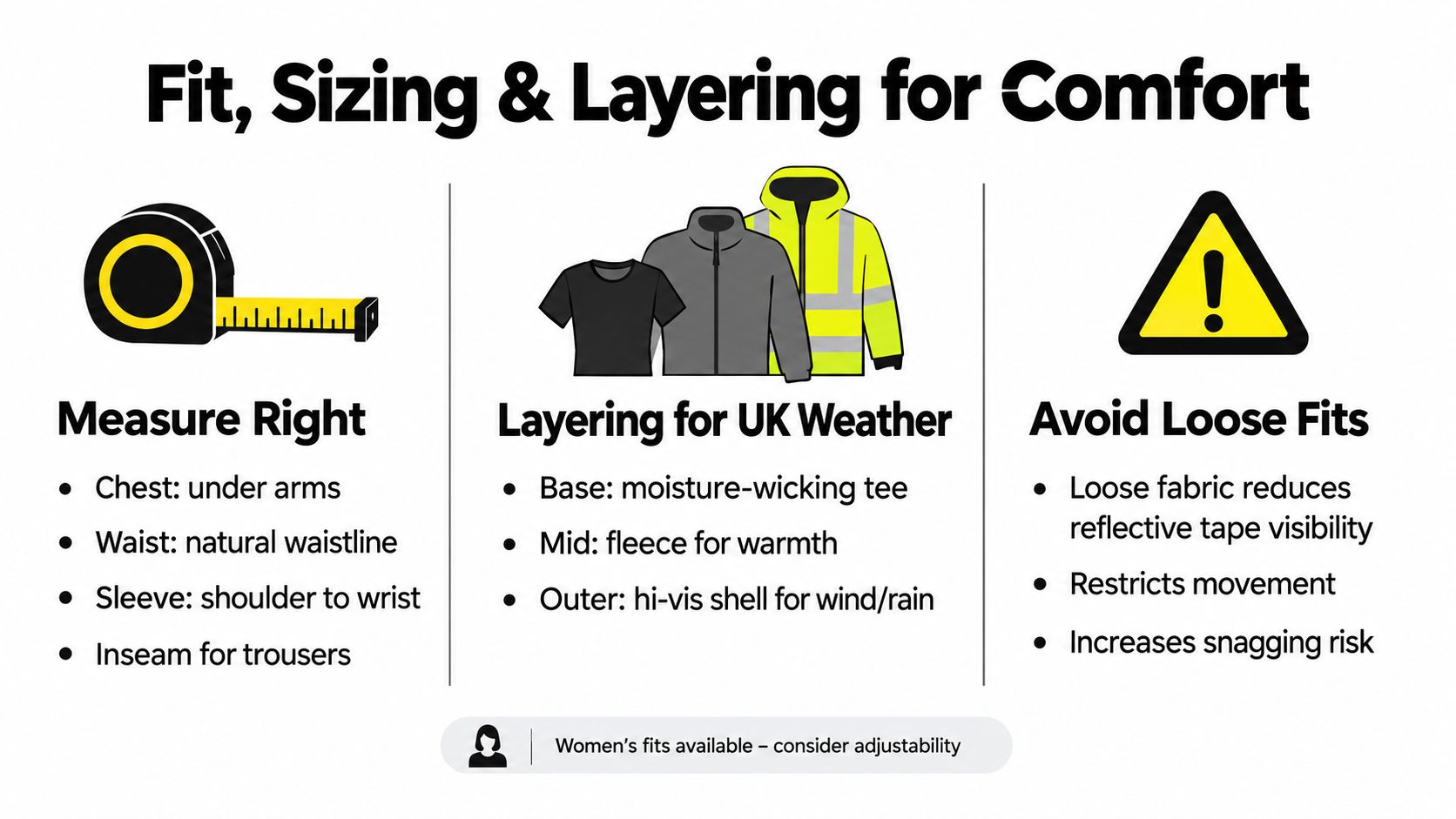 A guide on fit, sizing, and layering hi-vis workwear for comfort and safety in UK weather conditions.