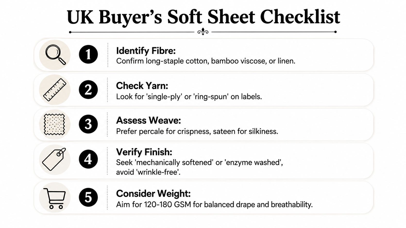 A five-step instructional guide titled UK Buyer's Soft Sheet Checklist for choosing comfortable bed linen products.