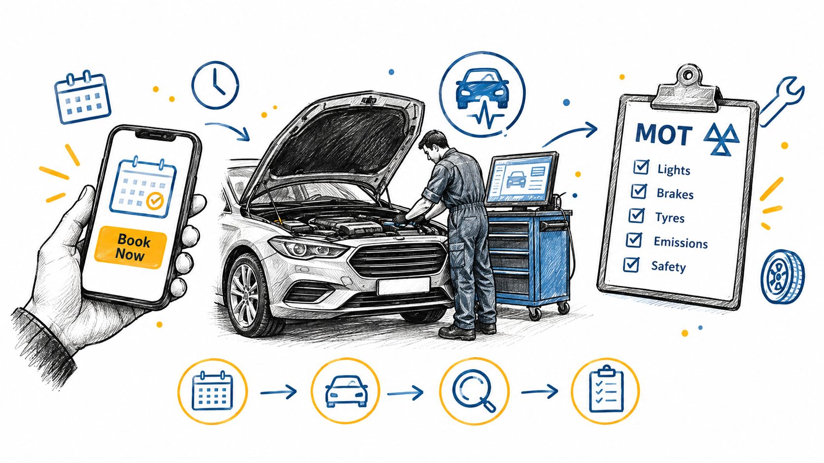 A hand holding a phone to book a car MOT test with a mechanic performing vehicle diagnostics.