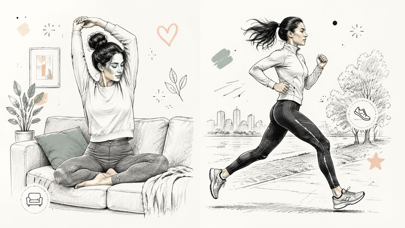 A split image showing a woman stretching on a sofa and a woman running in leggings outdoors.
