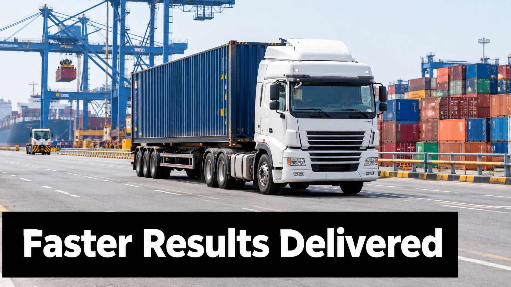 A large white semi-truck transporting a blue shipping container at a busy commercial shipping port terminal.