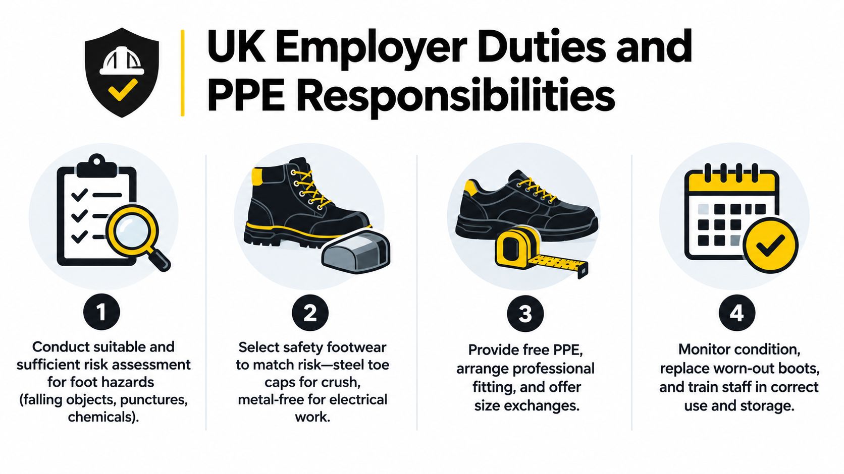 An infographic showing four steps for UK employers regarding PPE responsibilities and safety footwear regulations.