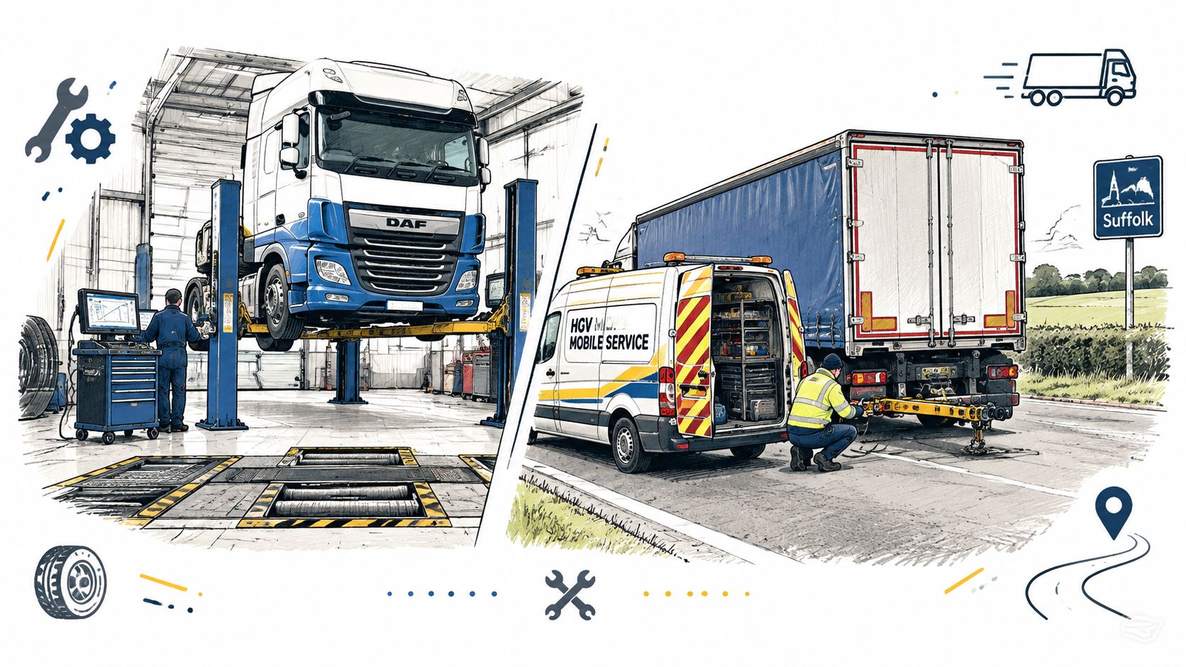 A split-screen illustration showing a DAF truck undergoing maintenance in a garage and a roadside HGV repair.