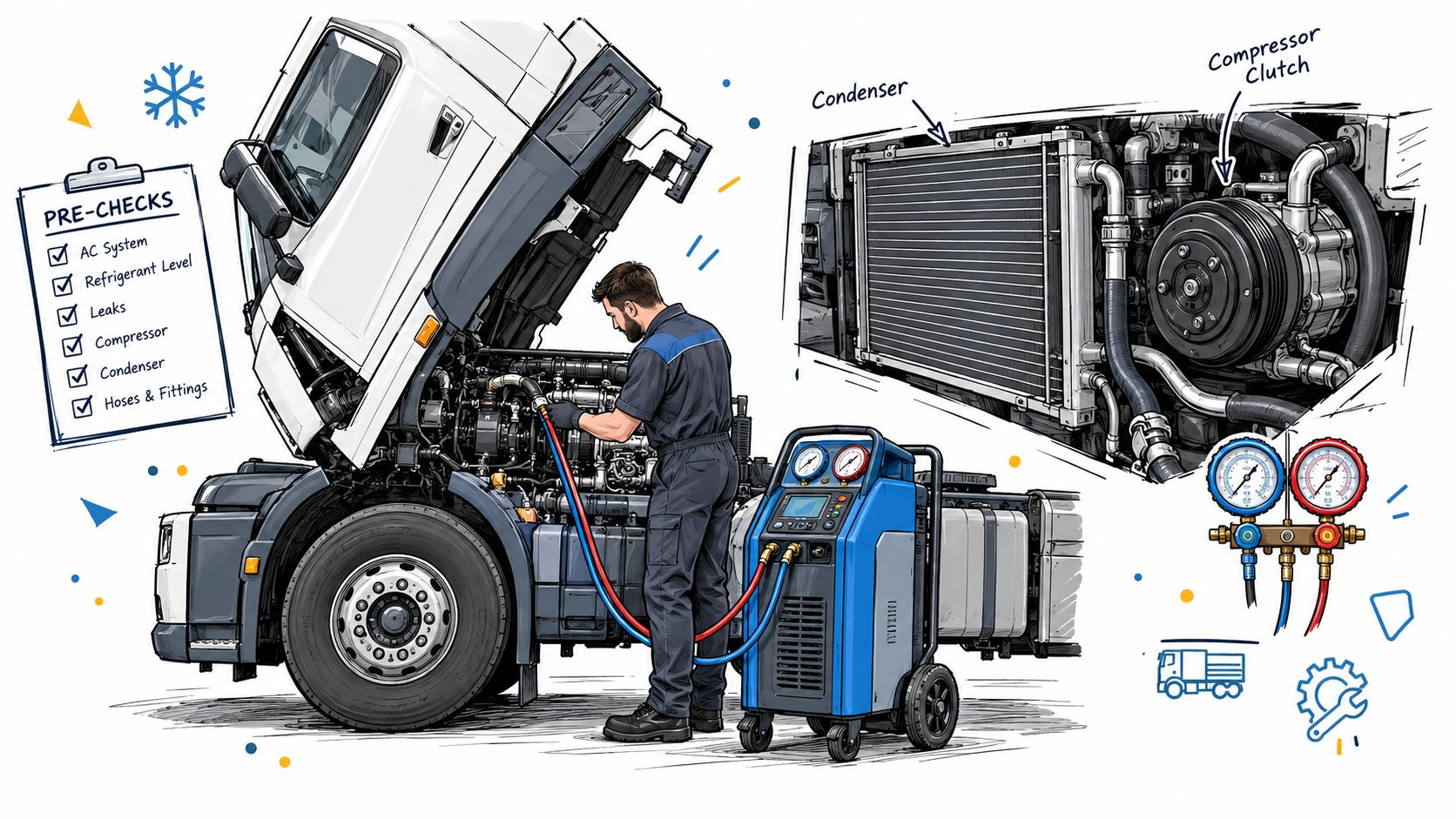 A technician performing a professional HGV air conditioning maintenance service using a recovery and charging machine.