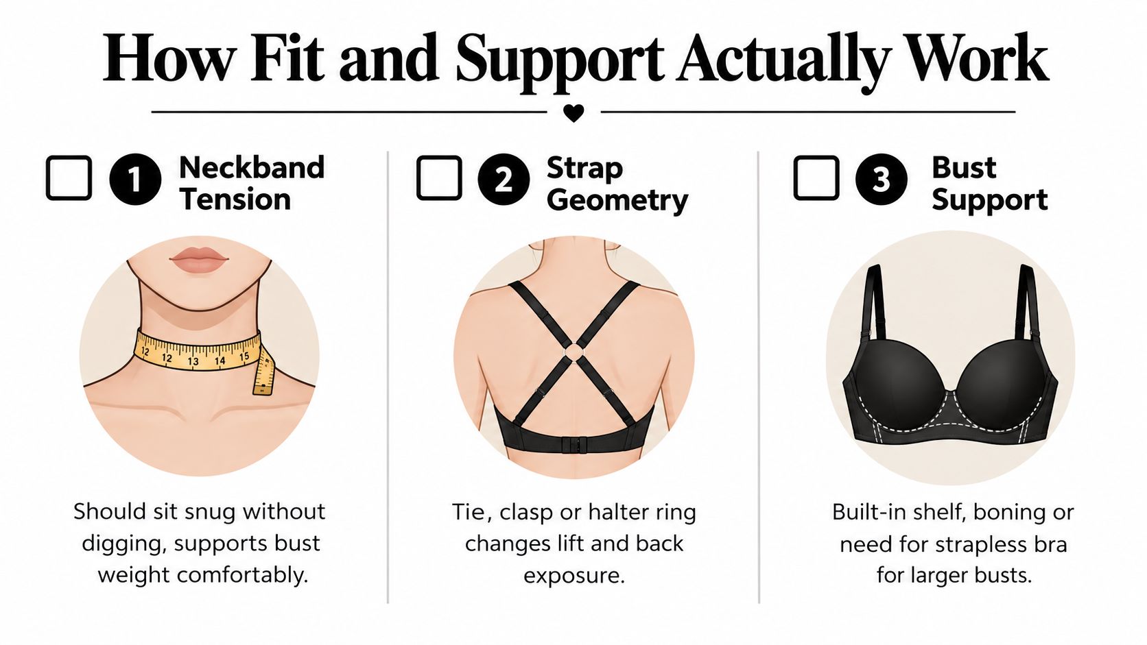 A diagram explaining how fit and support work for clothing, highlighting neckband tension, strap geometry, and bust support.