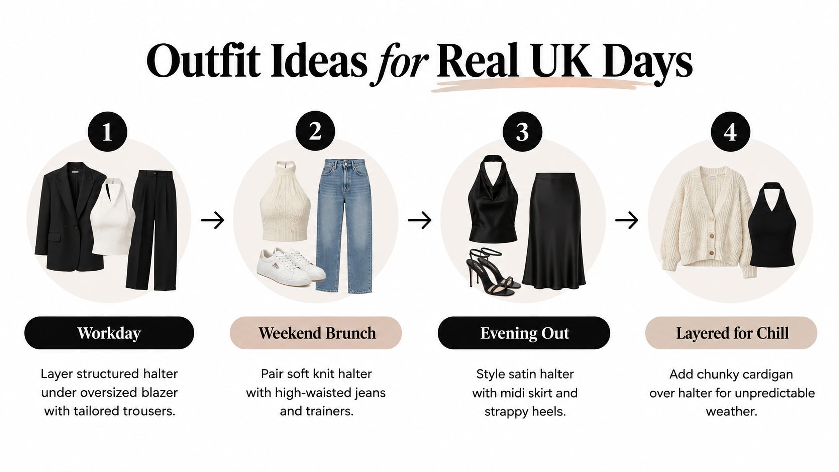 Four different outfit ideas featuring halter neck tops for various occasions in UK weather conditions.