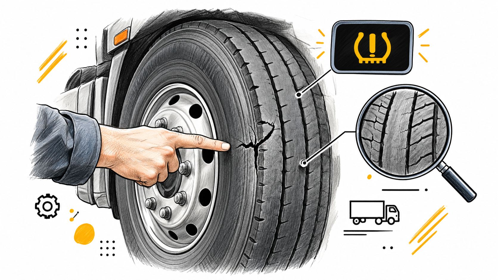 A hand pointing to a damaged truck tire featuring a visible crack and warning light indicator icon.