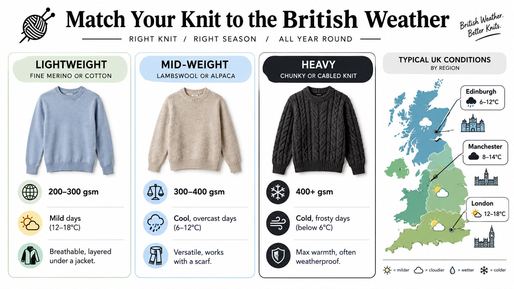 A guide matching lightweight, mid-weight, and heavy knitwear to typical British weather conditions by region.