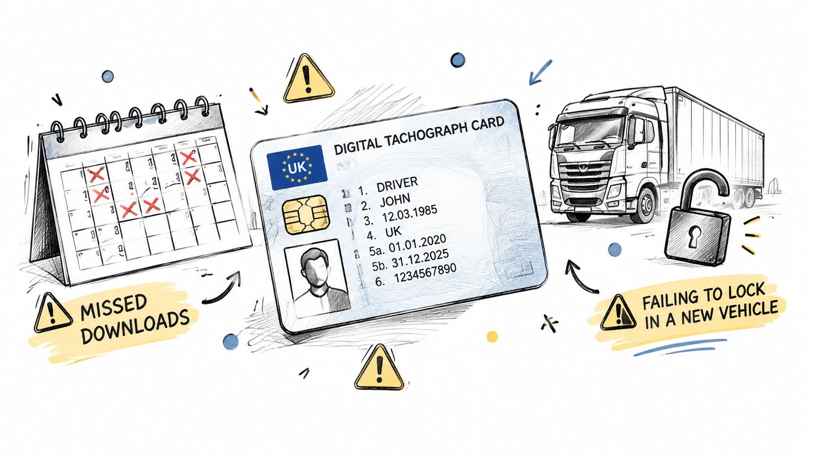 A conceptual illustration showing a calendar with missed downloads, a digital tachograph card, and a locked truck.