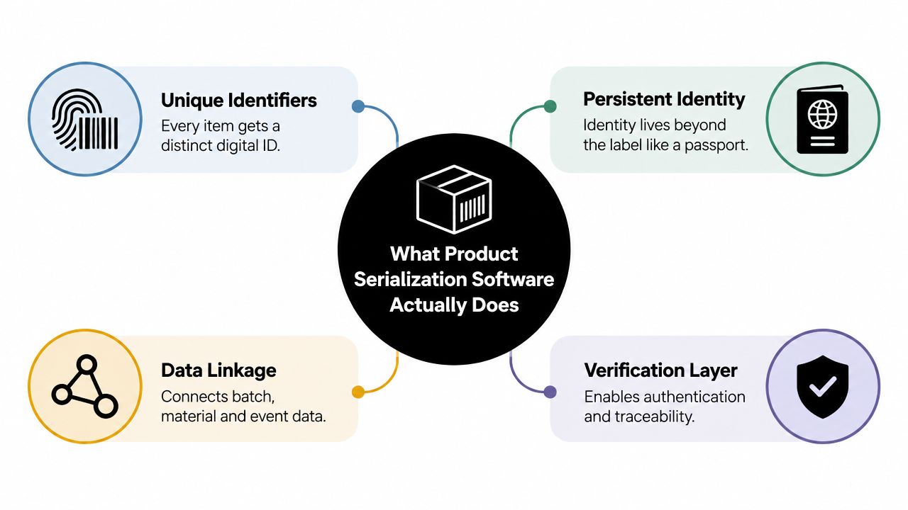 An infographic showing four key functions of product serialization software: unique identifiers, persistent identity, data linkage, and verification.