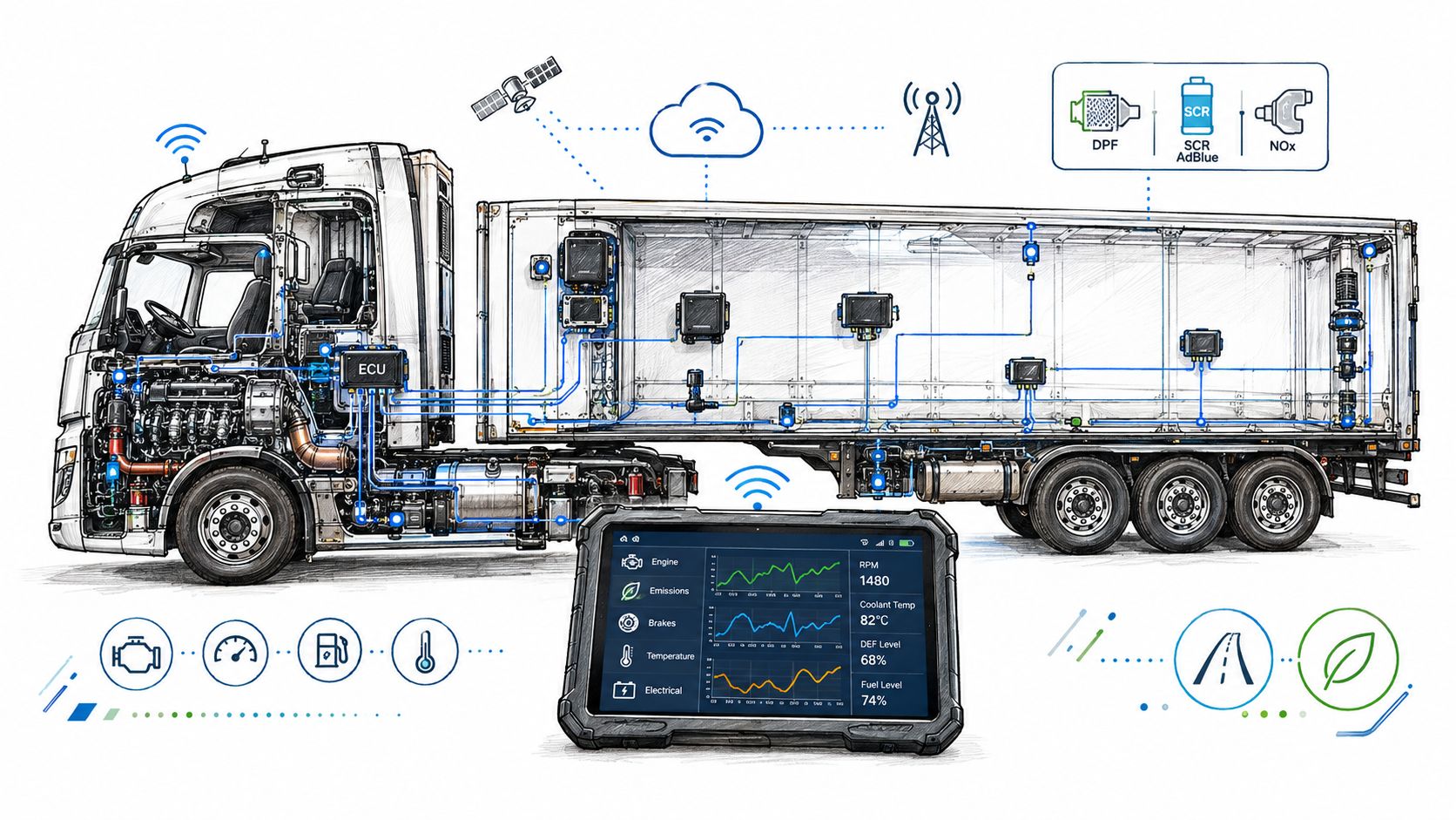 A digital illustration of a connected HGV truck featuring integrated diagnostic systems, sensors, and remote monitoring technology.