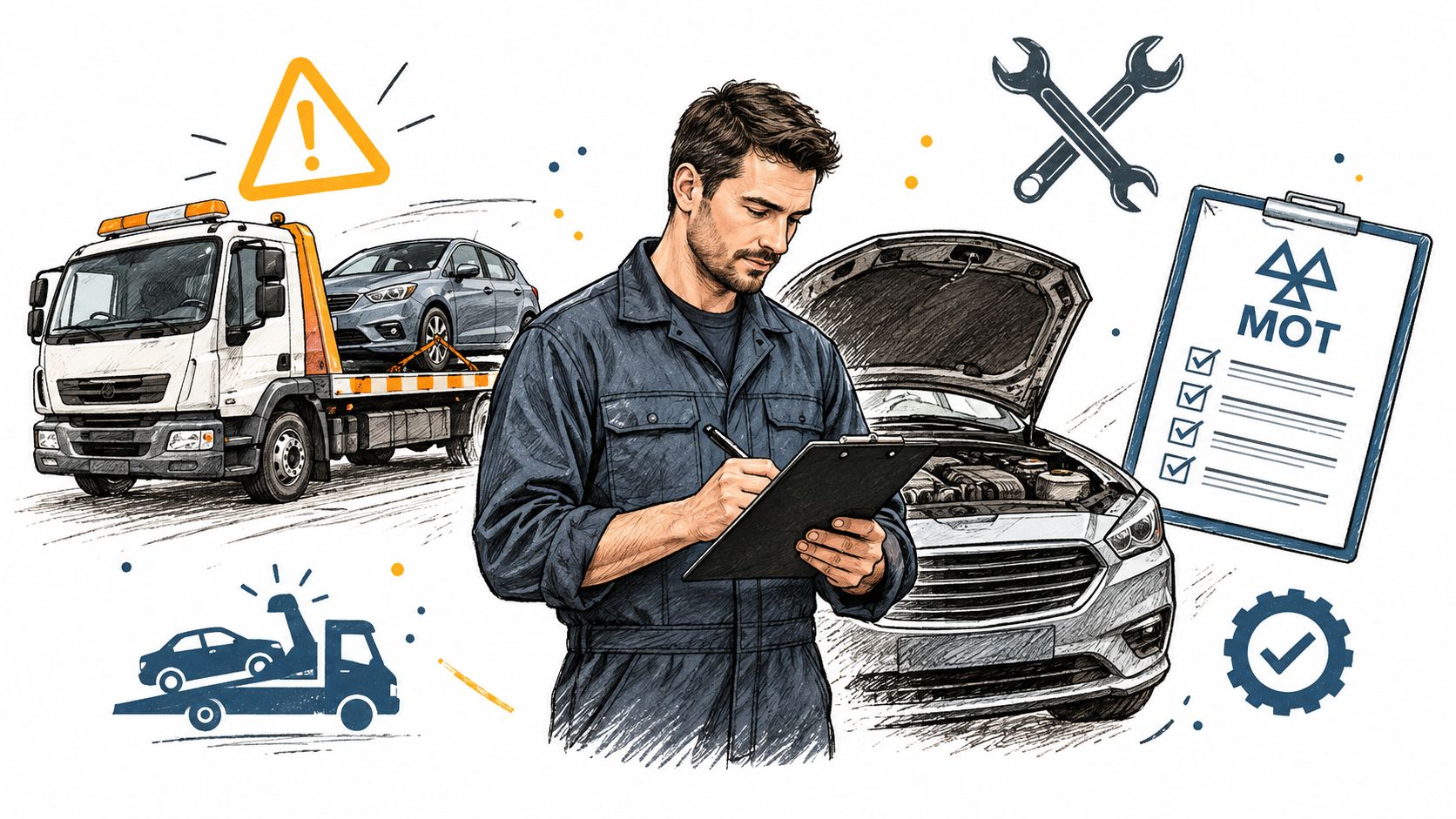 A professional mechanic in work coveralls reviewing a vehicle inspection checklist with an MOT form nearby.