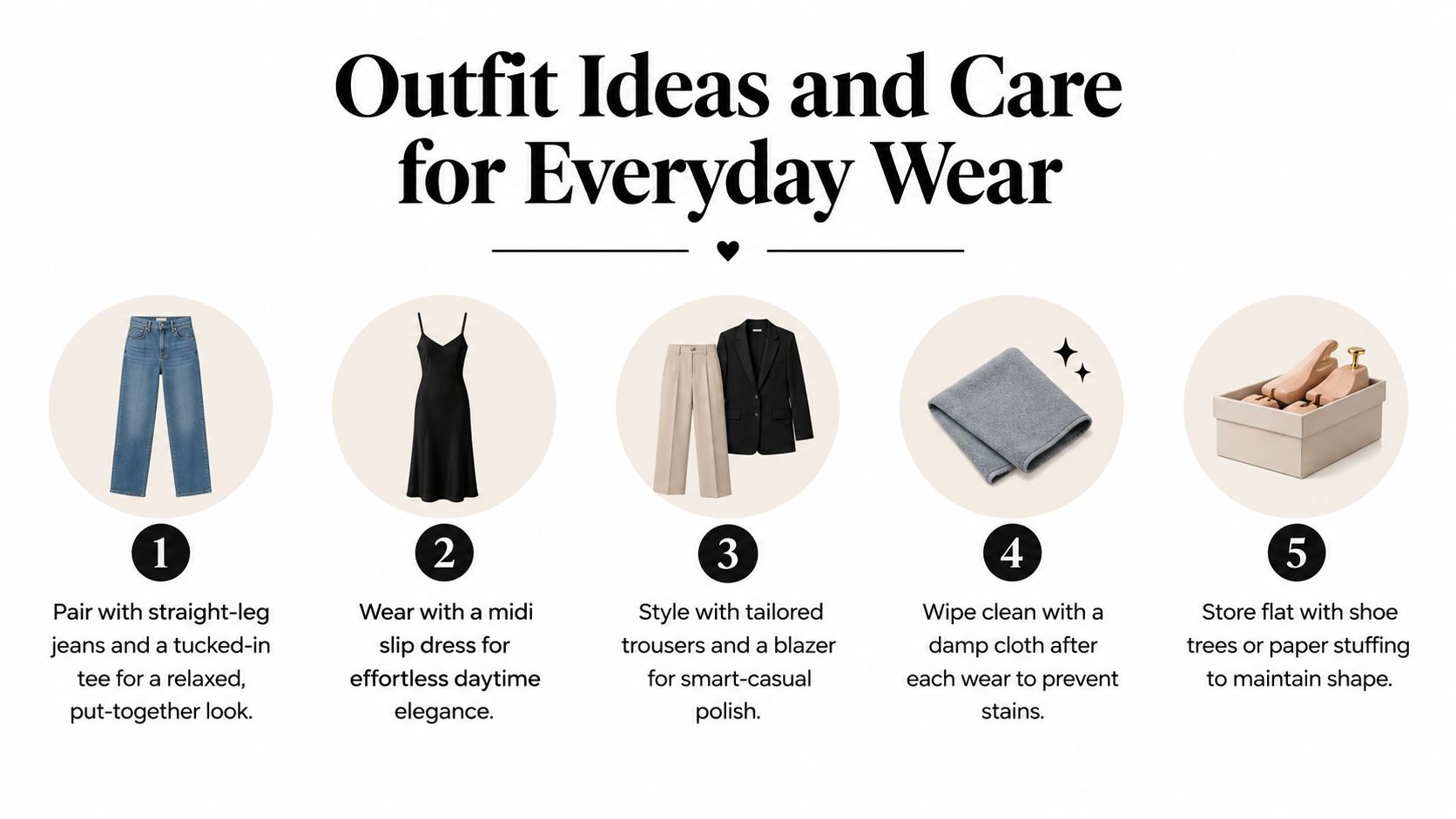 An infographic showing five tips for styling and caring for ankle strap flat shoes and apparel.