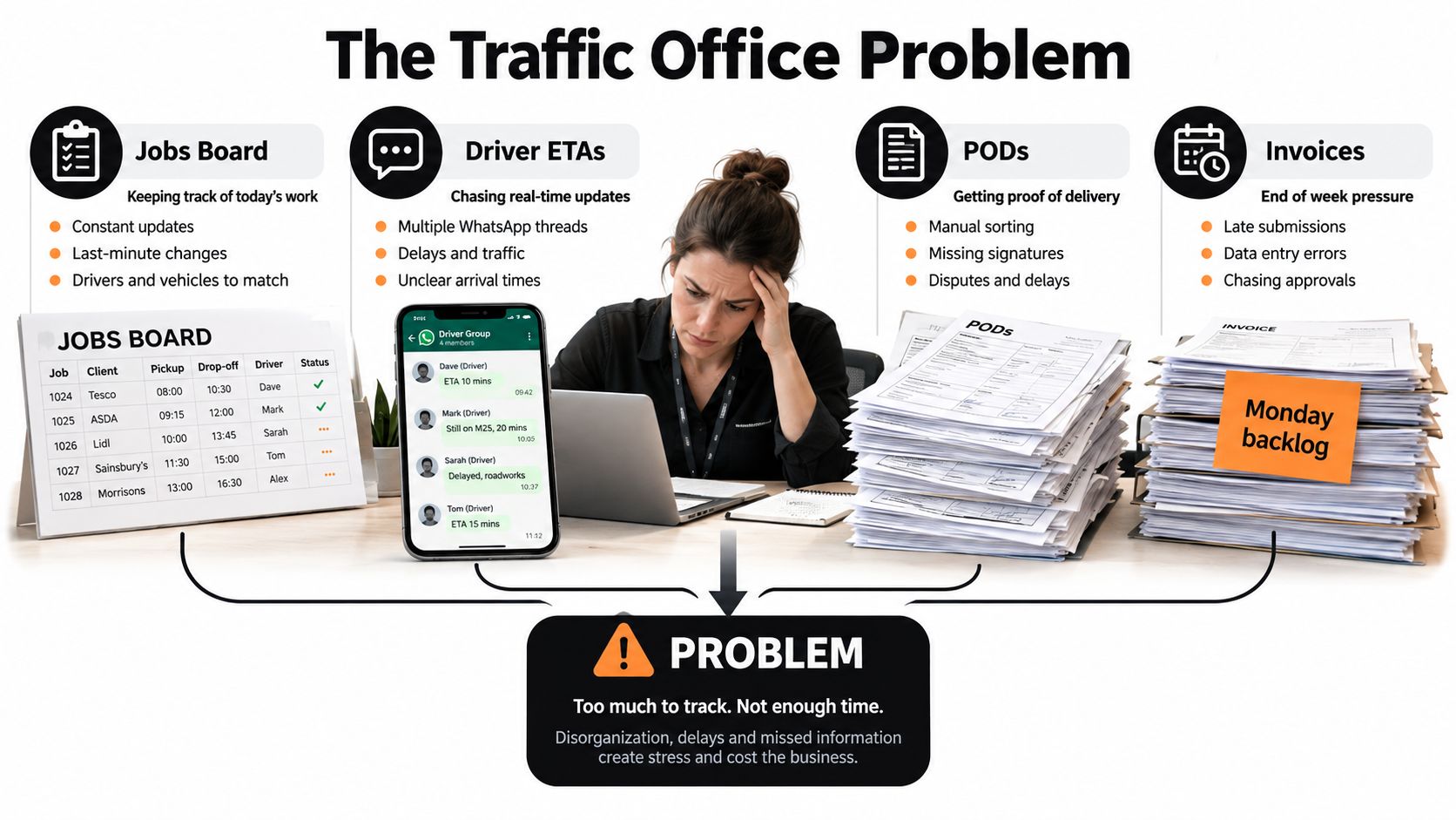 A stressed logistics office worker surrounded by disorganized paperwork, mobile messages, and job boards, illustrating industry efficiency problems.