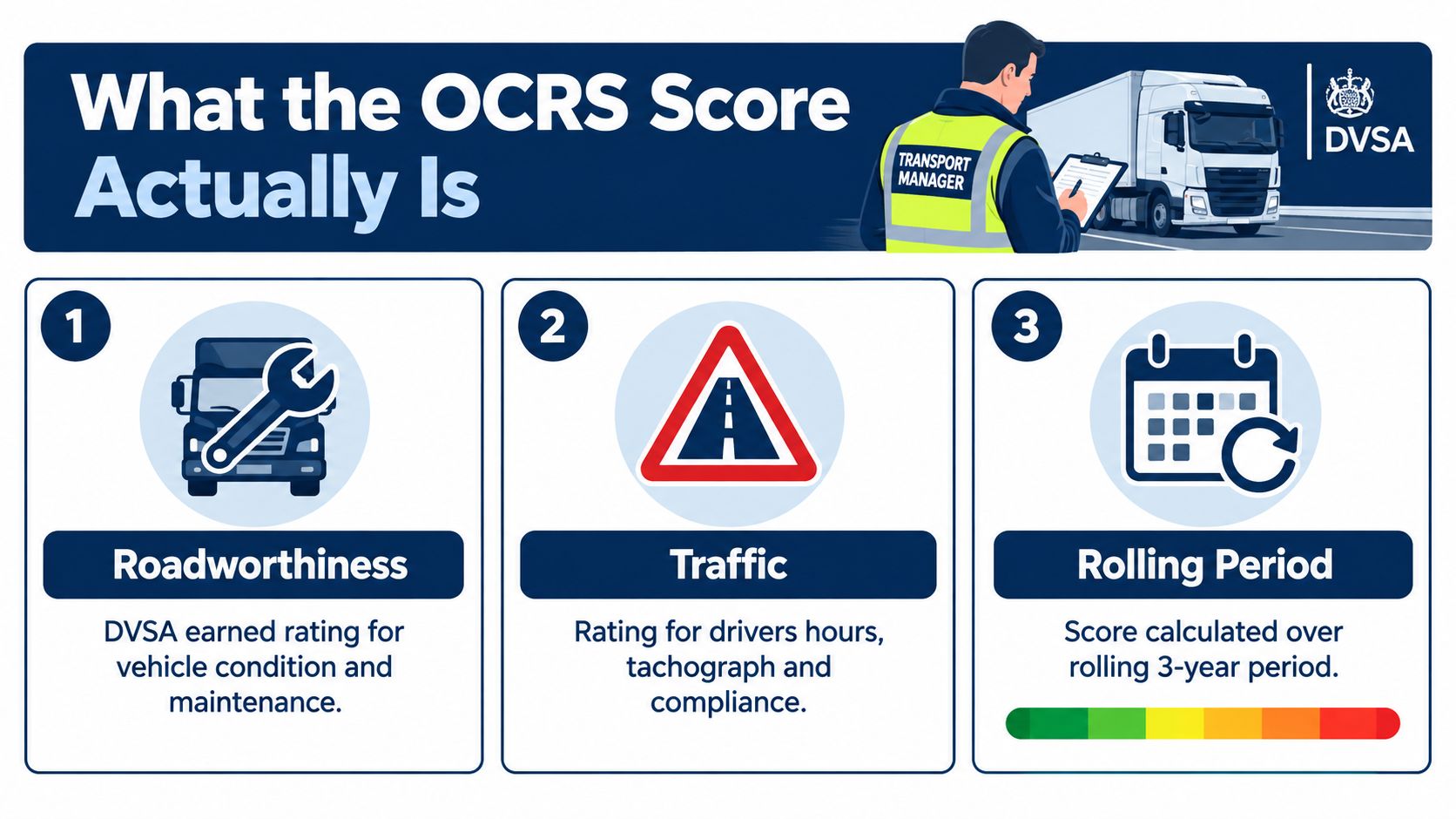 An infographic explaining the DVSA OCRS score calculation based on roadworthiness, traffic compliance, and rolling periods.