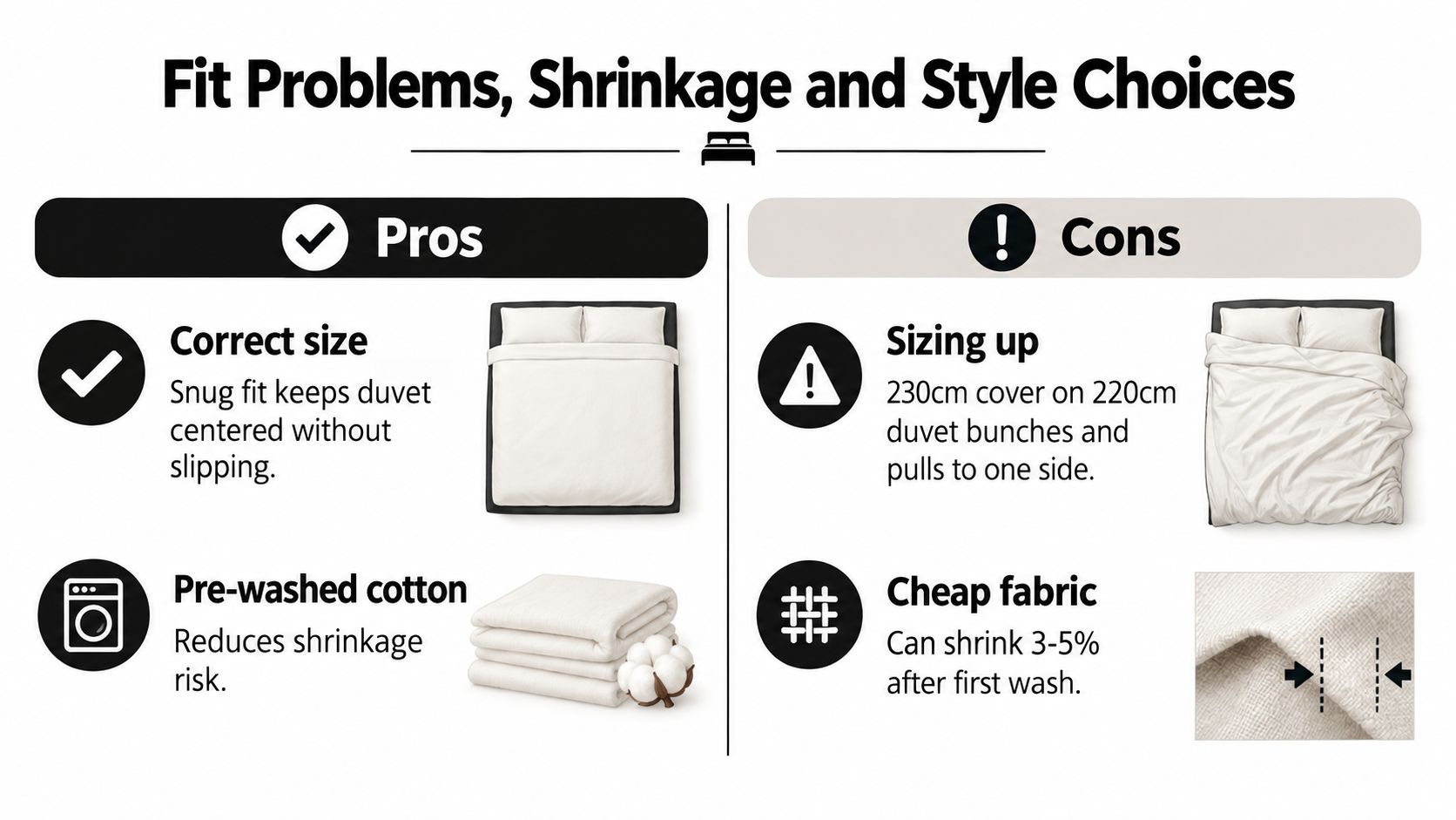 A comparison chart showing the pros and cons of duvet cover sizing and fabric types for bedding.