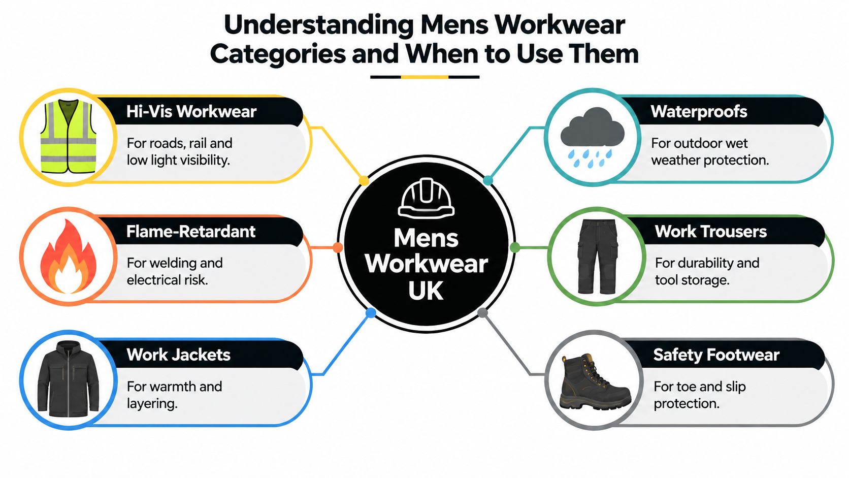 A diagram illustrating various categories of mens workwear and their specific applications in professional environments.