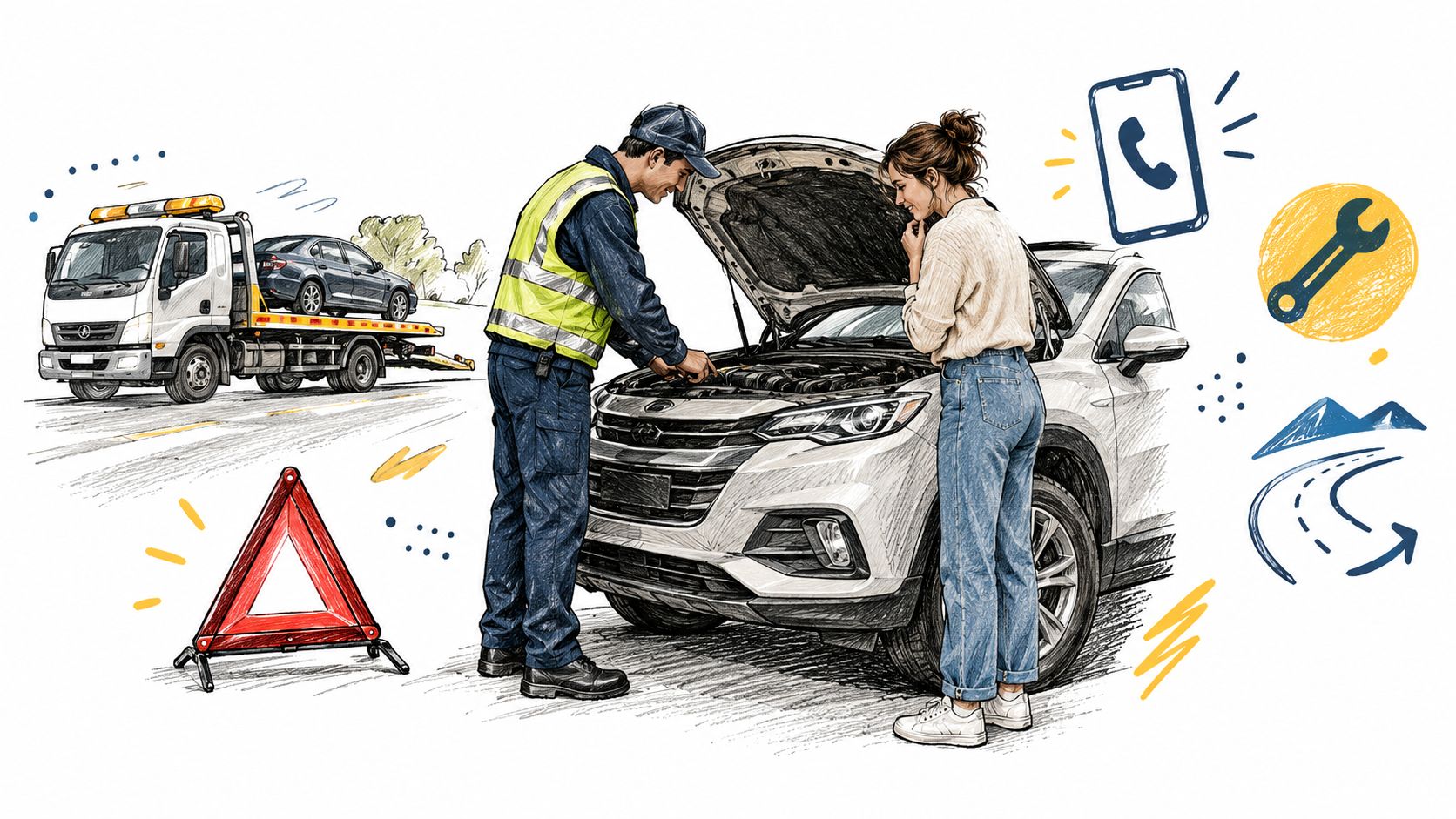 A professional roadside assistance technician helps a woman whose car has broken down on the highway.