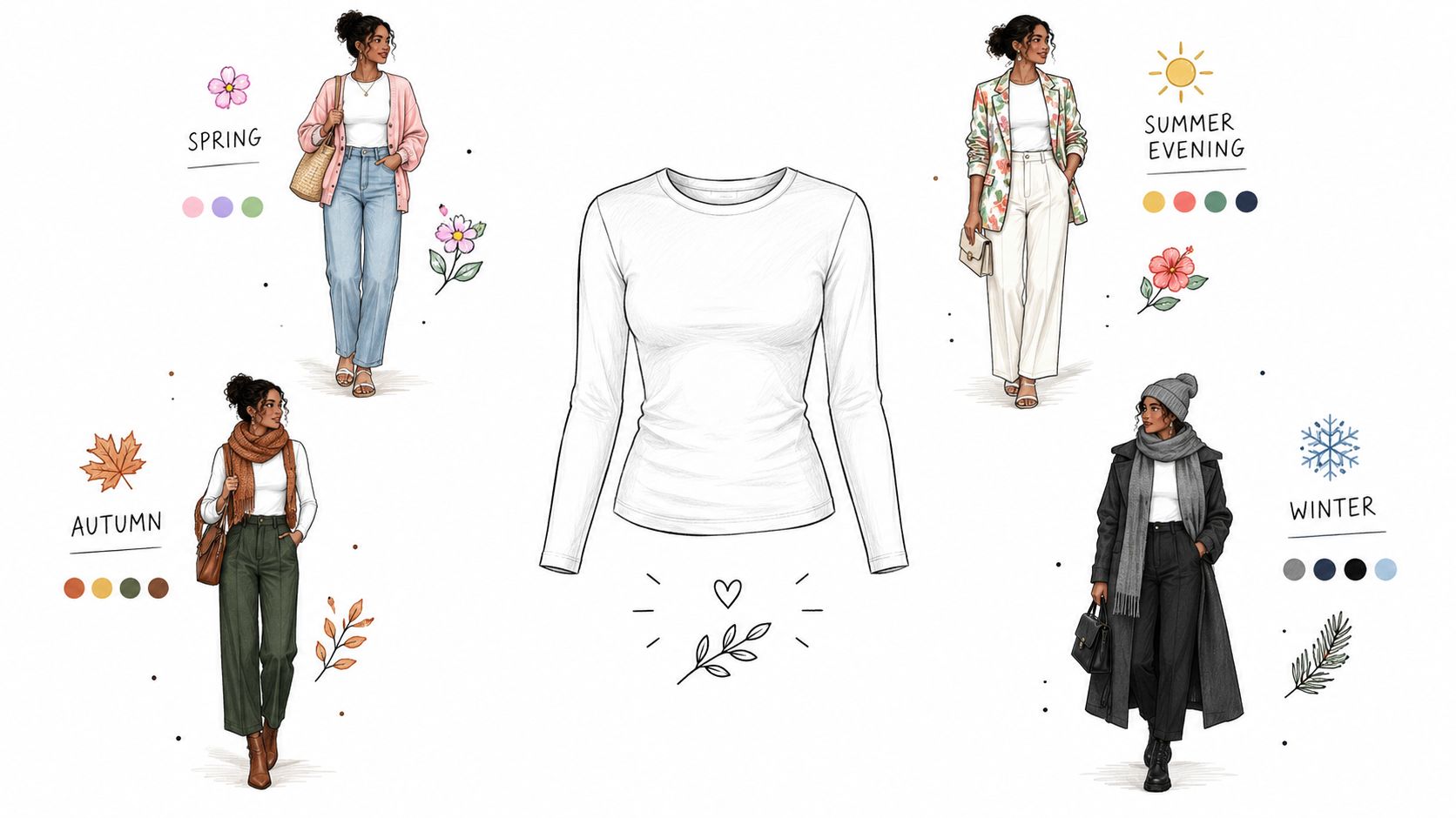A long sleeve white top showcased with four different seasonal outfit ideas for spring, summer, autumn, and winter.