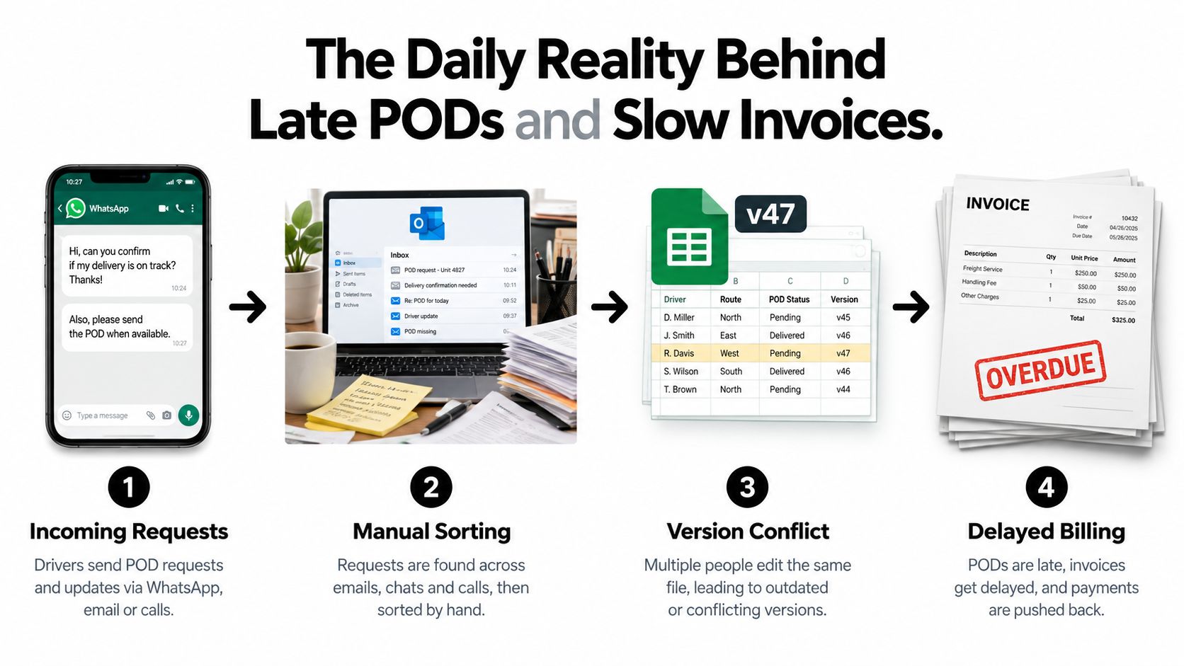 A four-step diagram illustrating how manual communication leads to delayed billing and invoice processing problems.