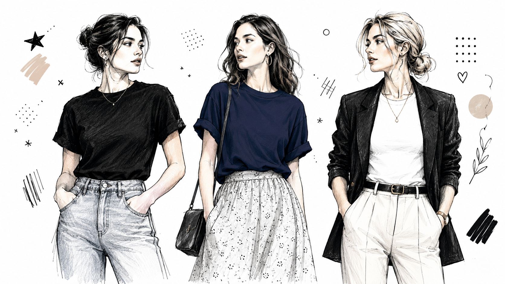 Three stylish women in different outfits featuring t-shirts, blazers, and skirts, illustrated in a modern fashion sketch.